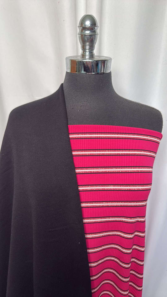 BLACK SWEATSHIRT/LUREX STRIPE BUNDLE : 1+YD Black Sweatshirt Fleece (72" Wide) & 2YD Lurex Stripe Rib : A26601