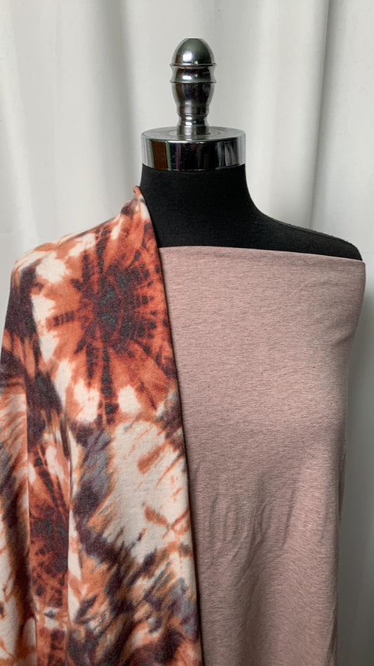 TIE DYE/DUSTY PINK BUNDLE : 2YD Dusty Pink Organic Cotton Interlock & 2YD Rust Tie Dye Brushed Hacci SK : A1794