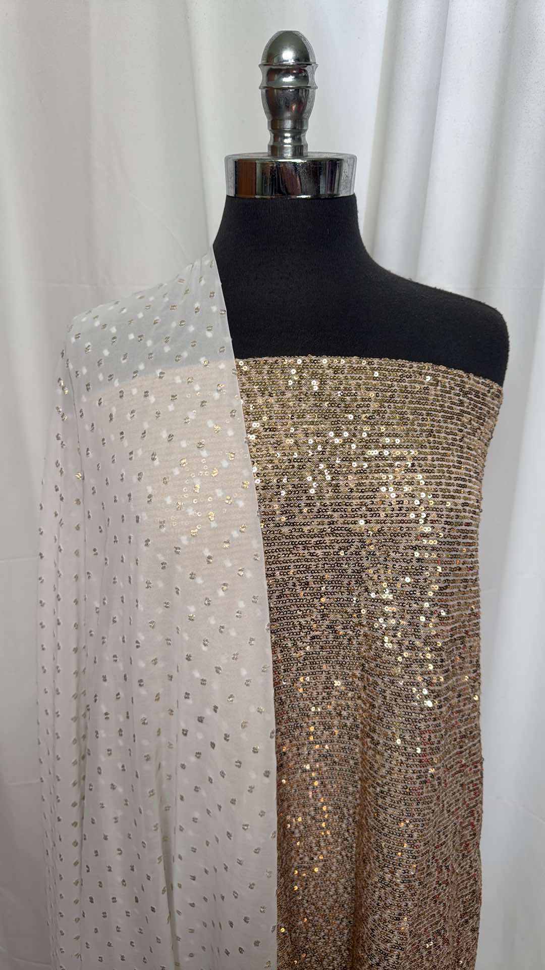 GOLD SEQUINS/SWISS DOT BUNDLE : 1+YD Gold Sequins on Mesh & 4YD Gold Foil Swiss Dot Chiffon : A26479