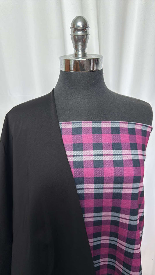 BLACK/PINK-PURPLE PLAID BUNDLE : 2YD Pink/Purple Plaid Ponte & 2YD Black Japanese Ponte : A26845