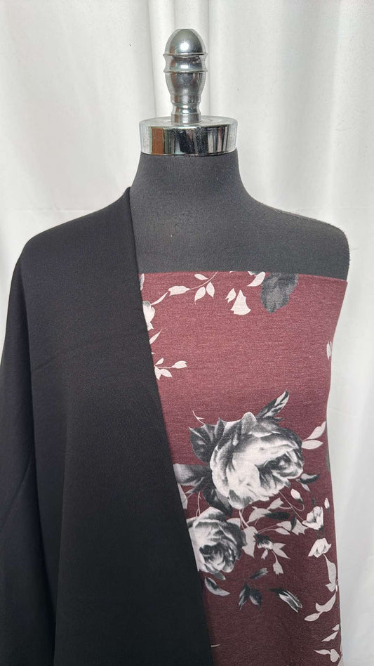 BLACK/BURGUNDY FLORAL BUNDLE : 1+YD Black Sweatshirt Fleece (72" Wide) & 2YD Burgundy Floral FT : A26618