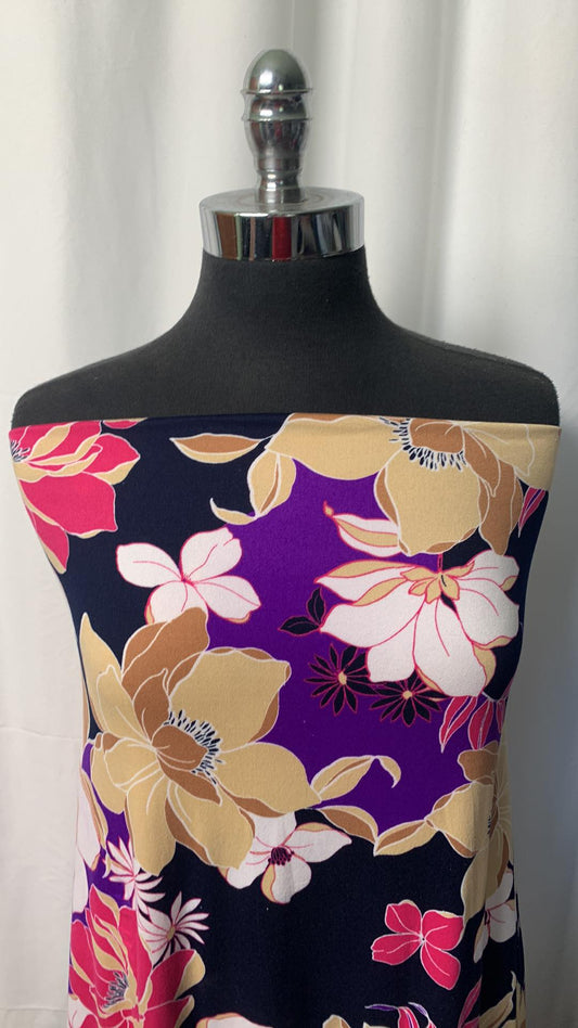 Big Pink/Purple Floral on Navy - Double Brushed Poly Spandex - By the Yard