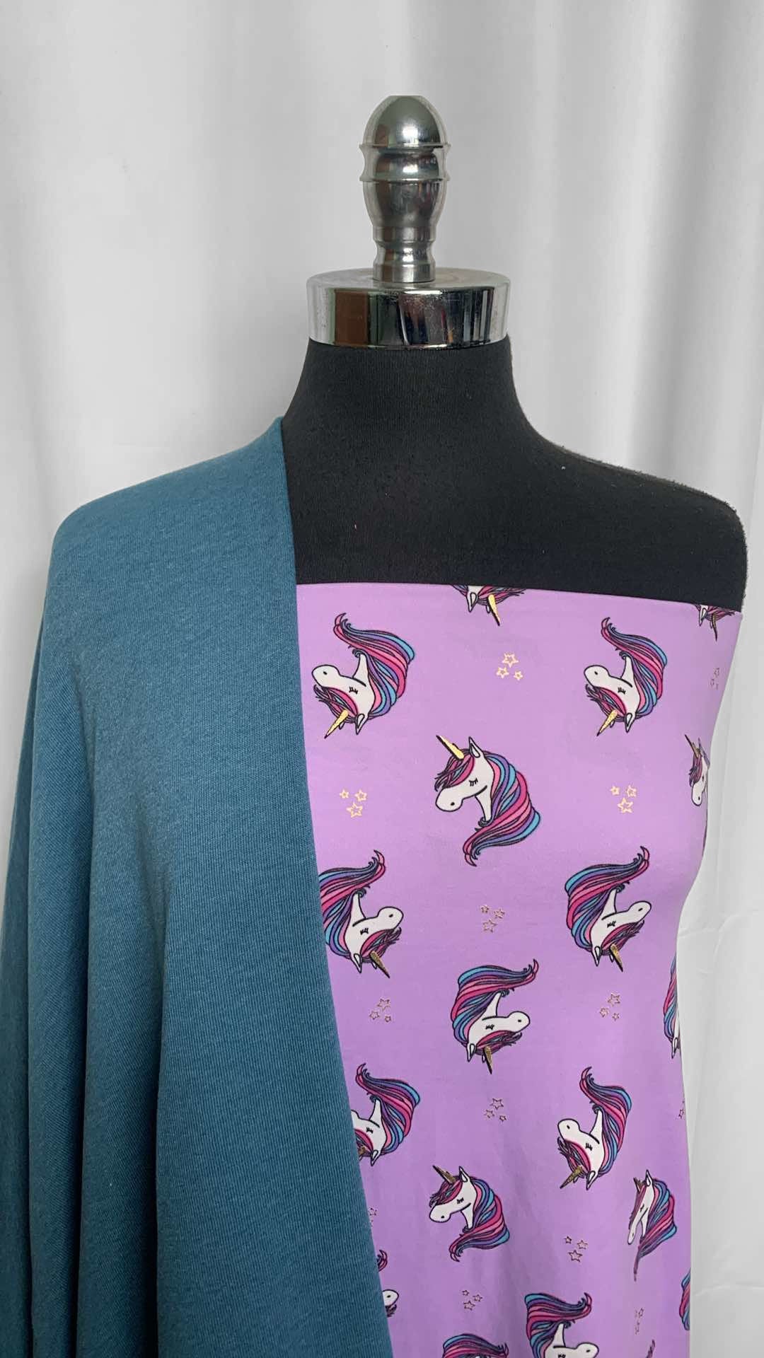 TEAL/UNICORN BUNDLE : 2YD Lilac Unicorn DBP & 1+YD Teal Sweatshirt Fleece (72" Wide) : A25888