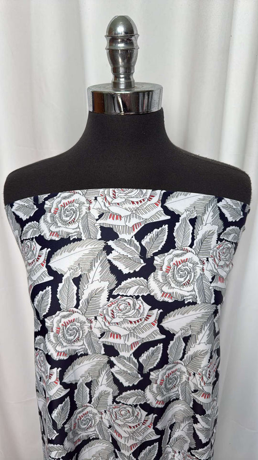 White/Navy Floral - Nylon Spandex - 2 Yard Cut