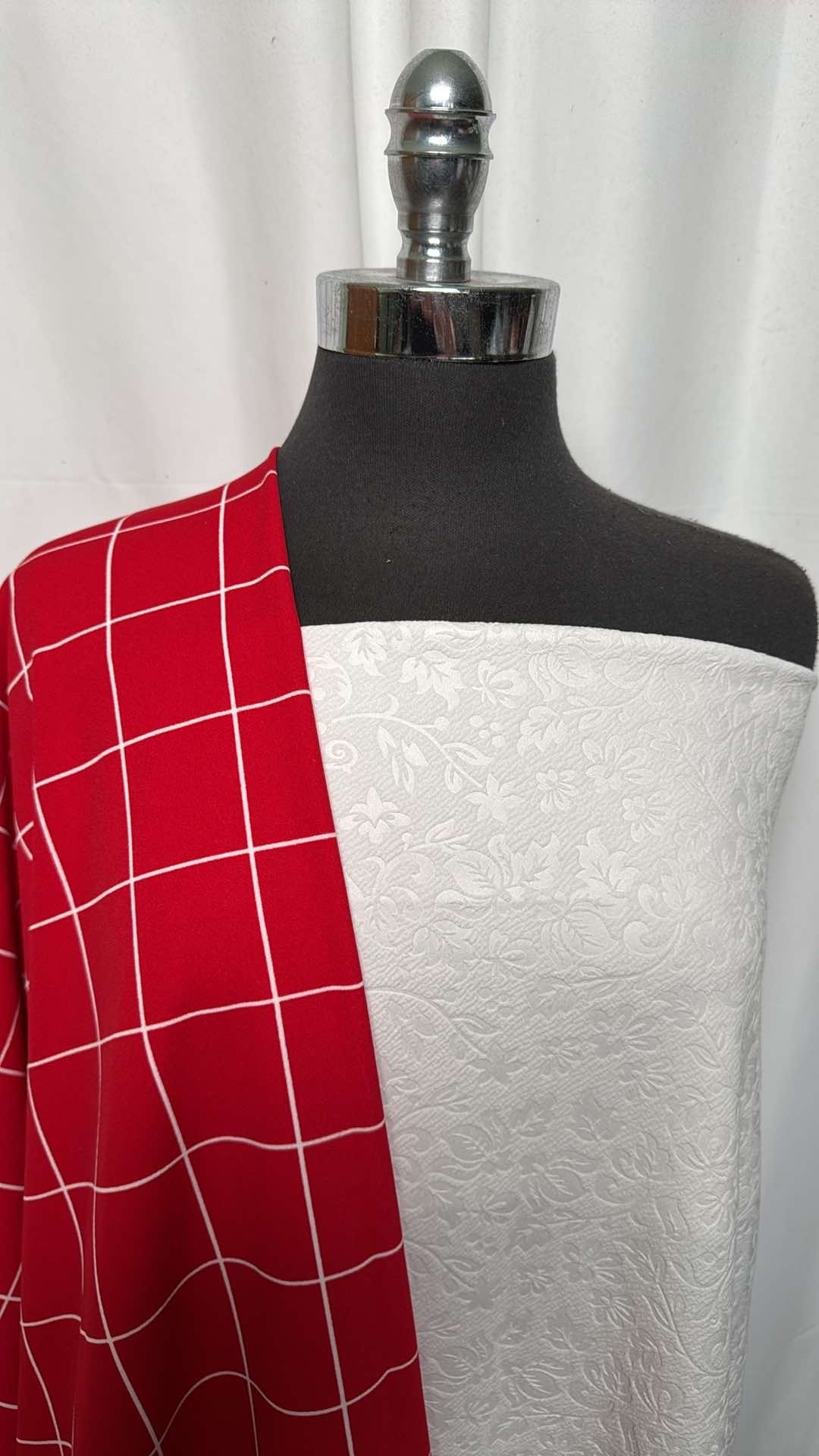 EMBOSSED/WINDOWPANE BUNDLE : 1YD Ivory Embossed Liverpool & 2YD Red Windowpane Crepe Scuba : A26636