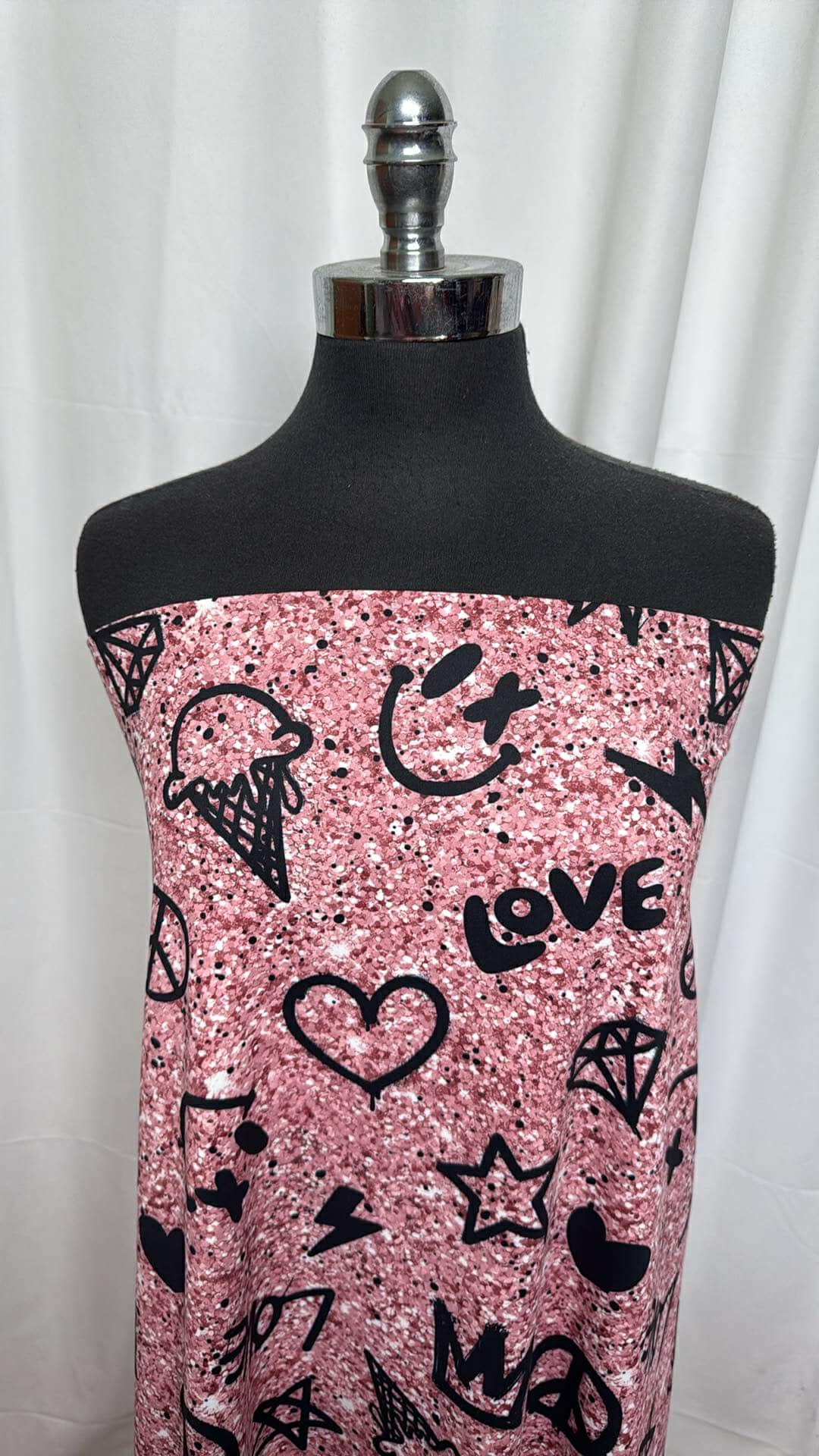 Pink Glitter Print with Black Icons - Performance (Brushed-Back) - 2 Yard Cut